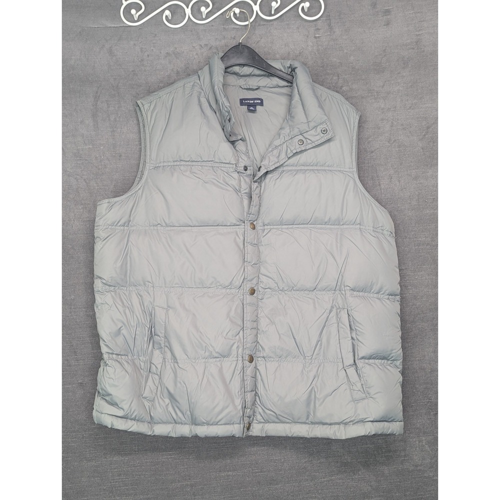 Lands' End Gray Puffer Vest Down Blend Insulated Snap Up Cabin Men's XL 46-48